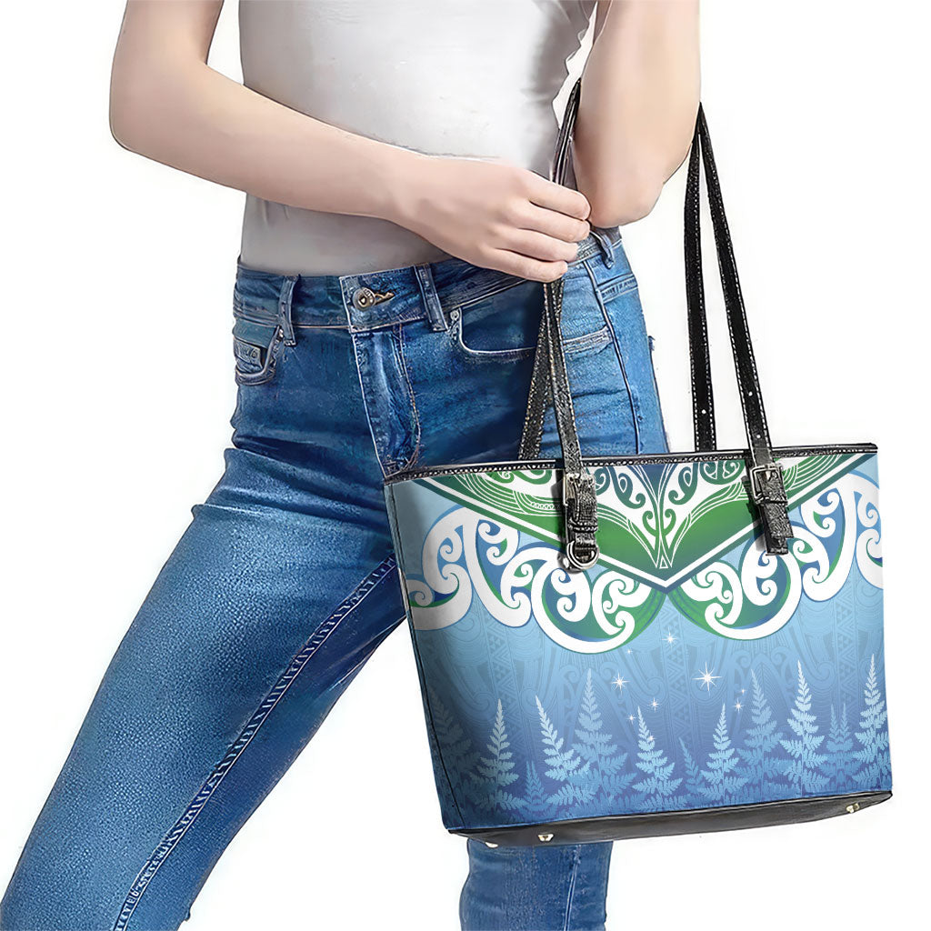 Aotearoa New Zealand New Year Leather Tote Bag Maori Motifs with Silver Fern and Matariki Stars LT03 - Polynesian Pride