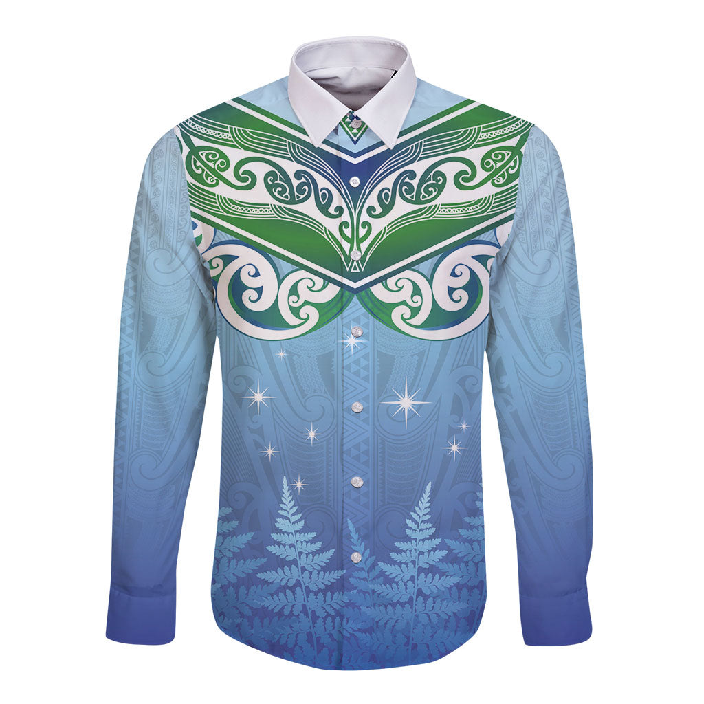 Aotearoa New Zealand New Year Long Sleeve Button Shirt Maori Motifs with Silver Fern and Matariki Stars LT03 Unisex Multicolor - Polynesian Pride