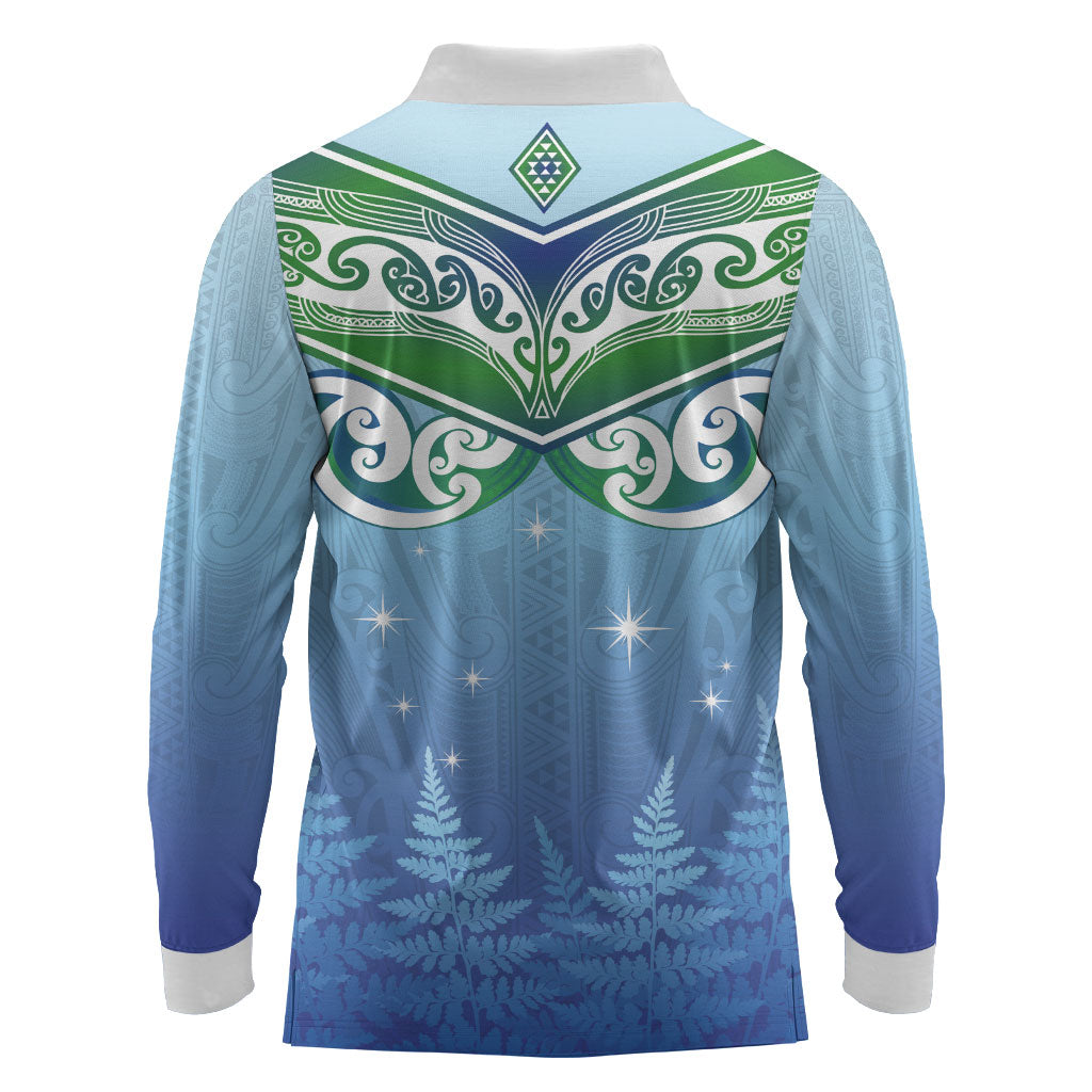 Aotearoa New Zealand New Year Long Sleeve Polo Shirt Maori Motifs with Silver Fern and Matariki Stars LT03 - Polynesian Pride