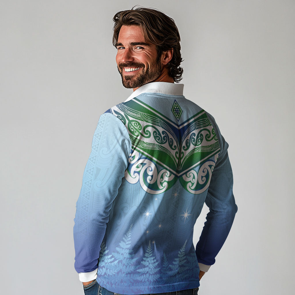 Aotearoa New Zealand New Year Long Sleeve Polo Shirt Maori Motifs with Silver Fern and Matariki Stars LT03 - Polynesian Pride