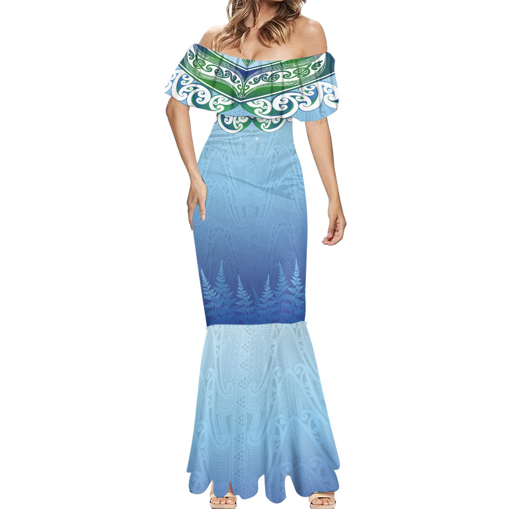 Aotearoa New Zealand New Year Mermaid Dress Maori Motifs with Silver Fern and Matariki Stars LT03 - Polynesian Pride
