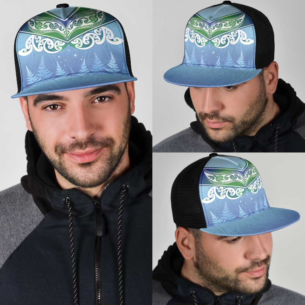 Aotearoa New Zealand New Year Mesh Trucker Cap Maori Motifs with Silver Fern and Matariki Stars LT03 - Polynesian Pride