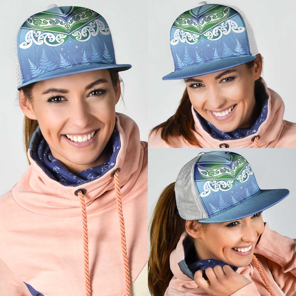 Aotearoa New Zealand New Year Mesh Trucker Cap Maori Motifs with Silver Fern and Matariki Stars LT03 - Polynesian Pride