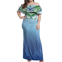Aotearoa New Zealand New Year Off Shoulder Maxi Dress Maori Motifs with Silver Fern and Matariki Stars LT03 Women Multicolor - Polynesian Pride