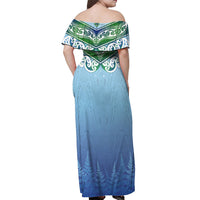 Aotearoa New Zealand New Year Off Shoulder Maxi Dress Maori Motifs with Silver Fern and Matariki Stars LT03 - Polynesian Pride