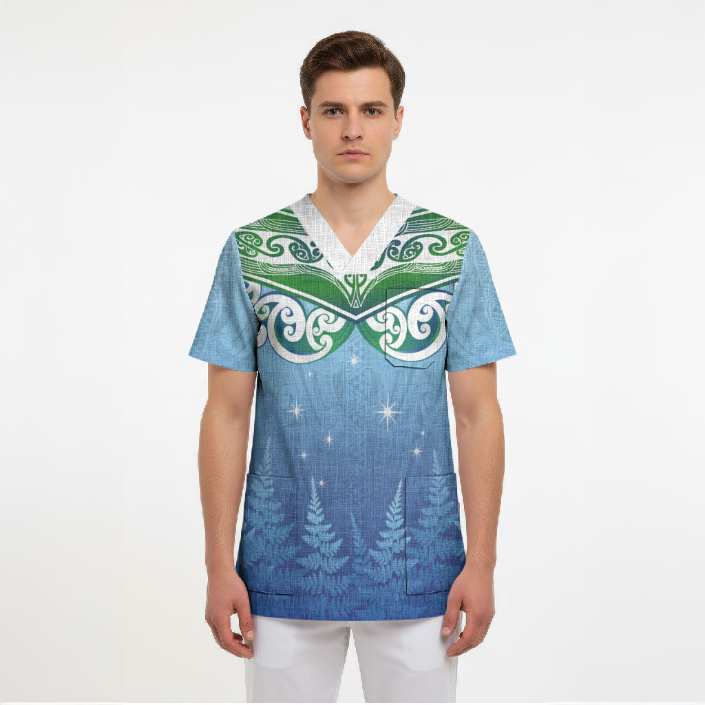 Aotearoa New Zealand New Year Scrub Top Maori Motifs with Silver Fern and Matariki Stars LT03 - Polynesian Pride