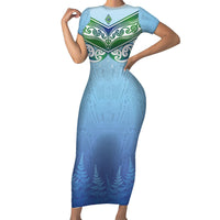 Aotearoa New Zealand New Year Short Sleeve Bodycon Dress Maori Motifs with Silver Fern and Matariki Stars LT03 Long Dress Multicolor - Polynesian Pride