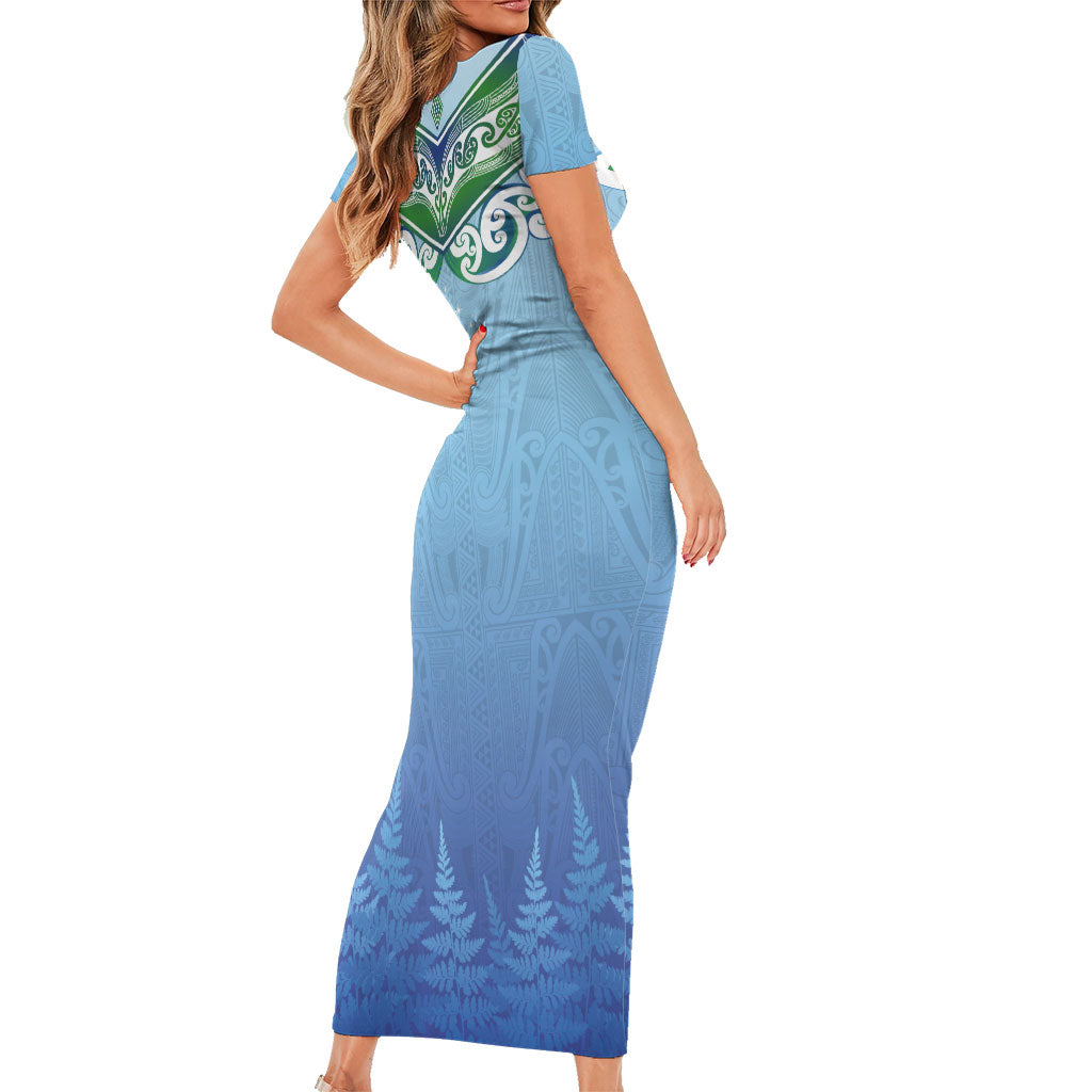 Aotearoa New Zealand New Year Short Sleeve Bodycon Dress Maori Motifs with Silver Fern and Matariki Stars LT03 - Polynesian Pride