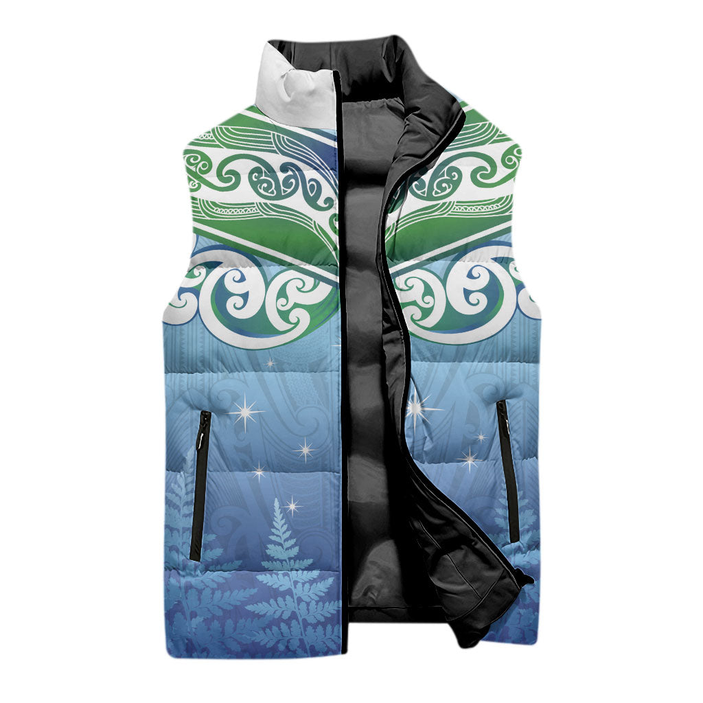 Aotearoa New Zealand New Year Sleeveless Puffer Jacket Maori Motifs with Silver Fern and Matariki Stars LT03 - Polynesian Pride