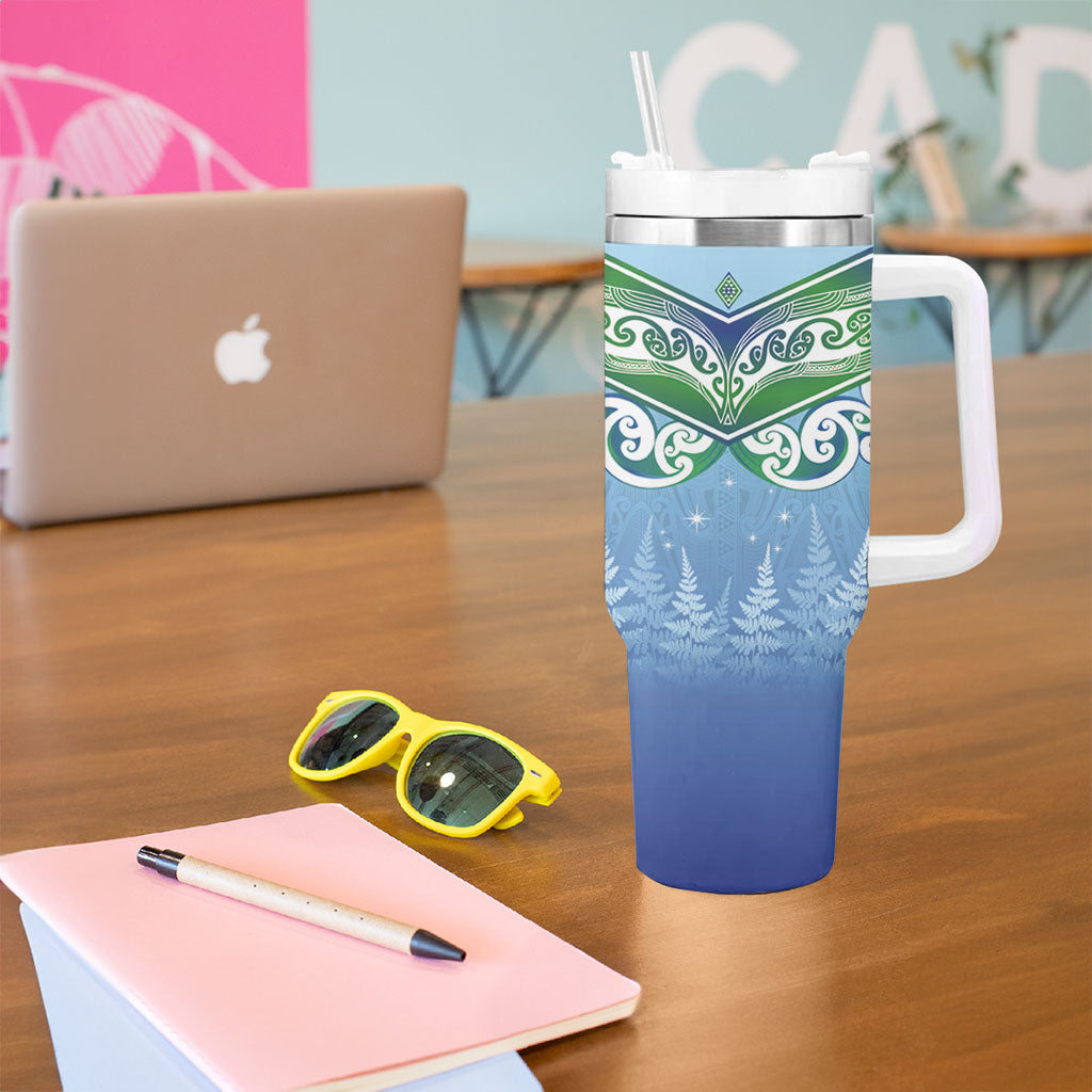 Aotearoa New Zealand New Year Tumbler With Handle Maori Motifs with Silver Fern and Matariki Stars LT03 - Polynesian Pride