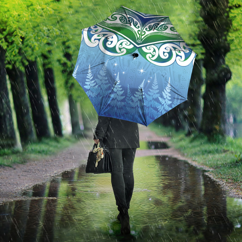 Aotearoa New Zealand New Year Umbrella Maori Motifs with Silver Fern and Matariki Stars LT03 - Polynesian Pride