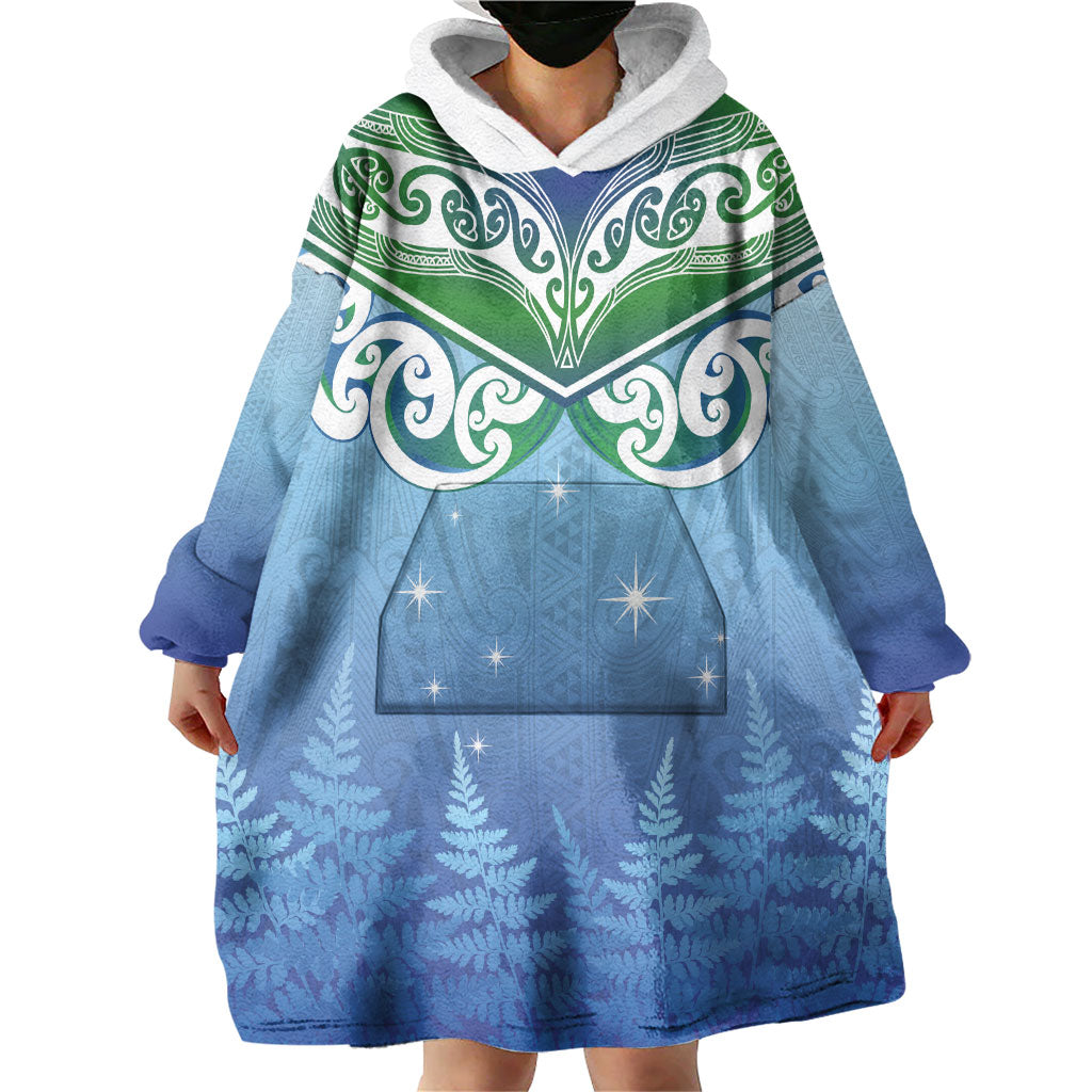 Aotearoa New Zealand New Year Wearable Blanket Hoodie Maori Motifs with Silver Fern and Matariki Stars LT03 - Polynesian Pride