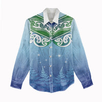 Aotearoa New Zealand New Year Women Casual Shirt Maori Motifs with Silver Fern and Matariki Stars LT03 - Polynesian Pride