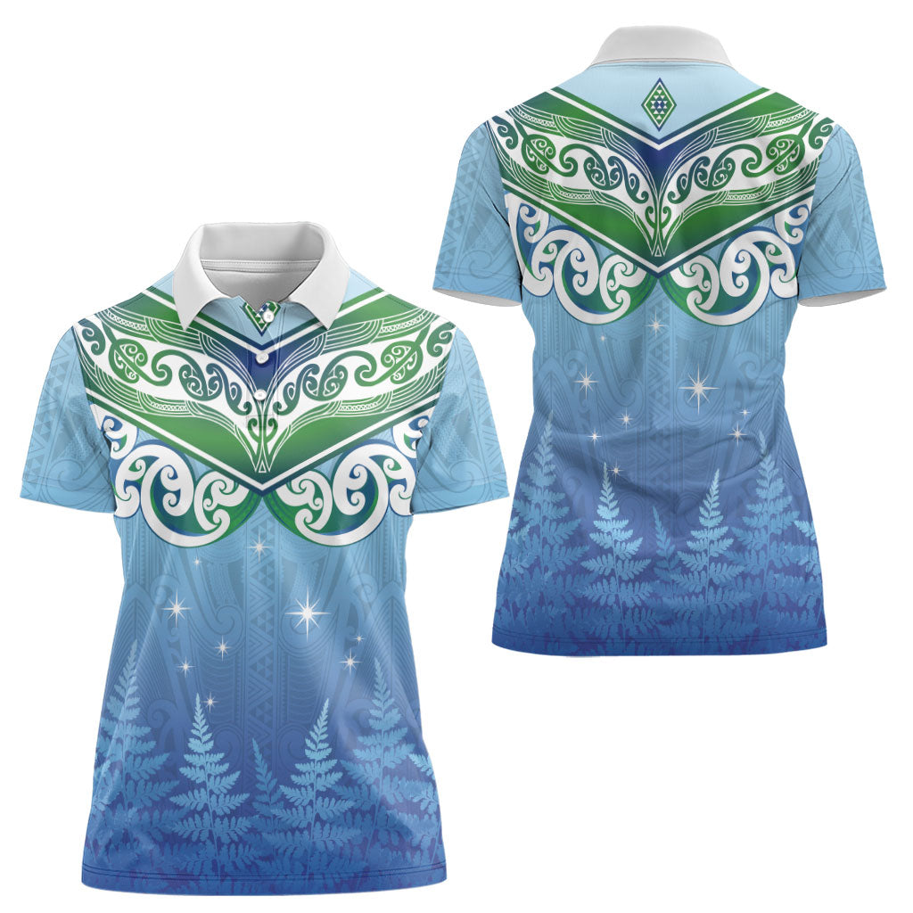 Aotearoa New Zealand New Year Women Polo Shirt Maori Motifs with Silver Fern and Matariki Stars LT03 - Polynesian Pride