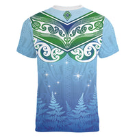 Aotearoa New Zealand New Year Women V-Neck T-Shirt Maori Motifs with Silver Fern and Matariki Stars LT03 - Polynesian Pride