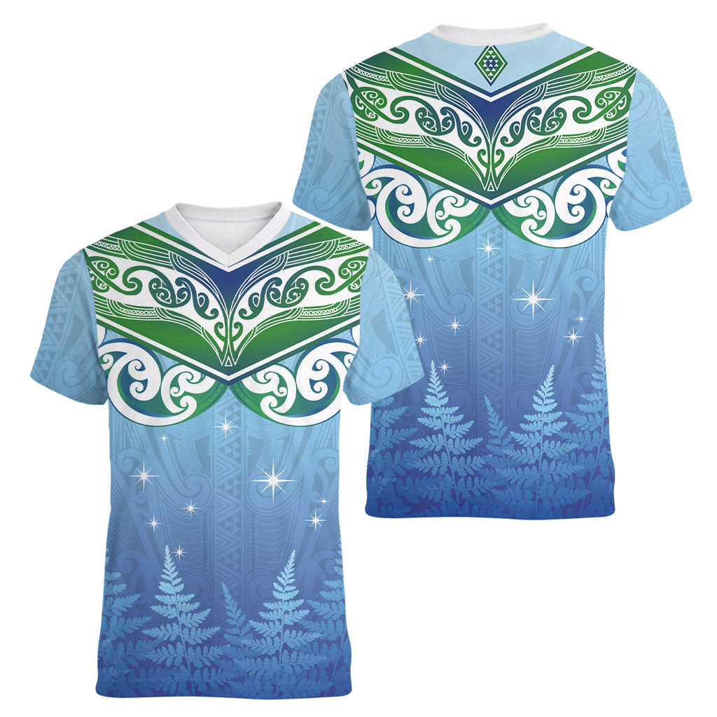 Aotearoa New Zealand New Year Women V-Neck T-Shirt Maori Motifs with Silver Fern and Matariki Stars LT03 - Polynesian Pride