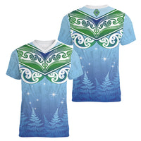 Aotearoa New Zealand New Year Women V-Neck T-Shirt Maori Motifs with Silver Fern and Matariki Stars LT03 - Polynesian Pride
