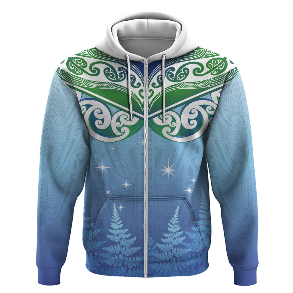 Aotearoa New Zealand New Year Zip Hoodie Maori Motifs with Silver Fern and Matariki Stars LT03 Zip Hoodie Multicolor - Polynesian Pride