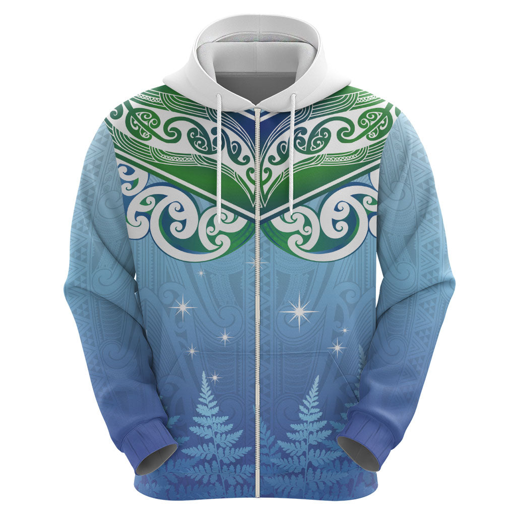 Aotearoa New Zealand New Year Zip Hoodie Maori Motifs with Silver Fern and Matariki Stars LT03 - Polynesian Pride