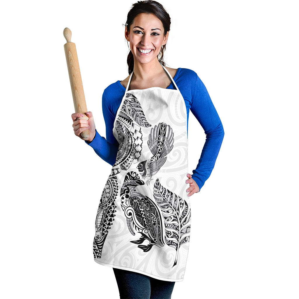 Aotearoa Moko Tribal Tattoo Apron New Zealand Maori Penguin and Fantail White Color LT03 - Polynesian Pride
