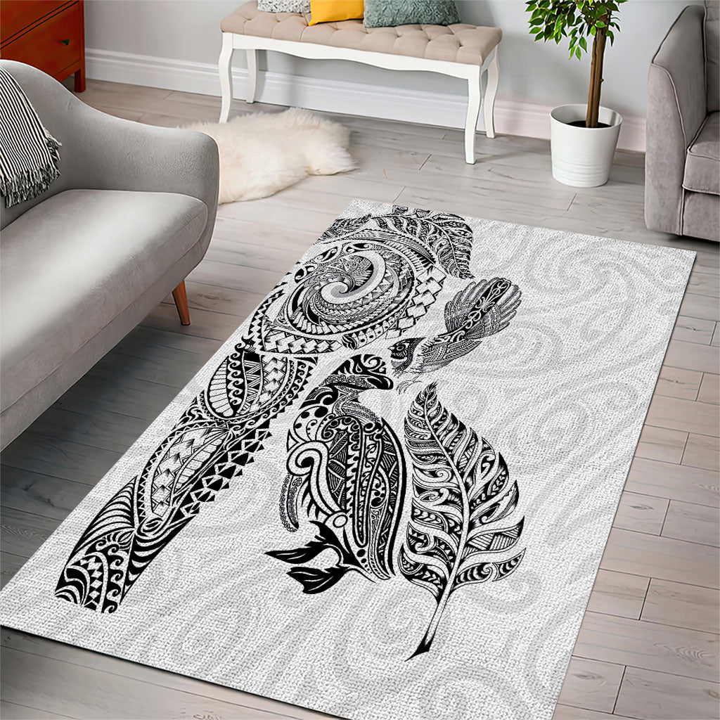 Aotearoa Moko Tribal Tattoo Area Rug New Zealand Maori Penguin and Fantail White Color LT03 - Polynesian Pride
