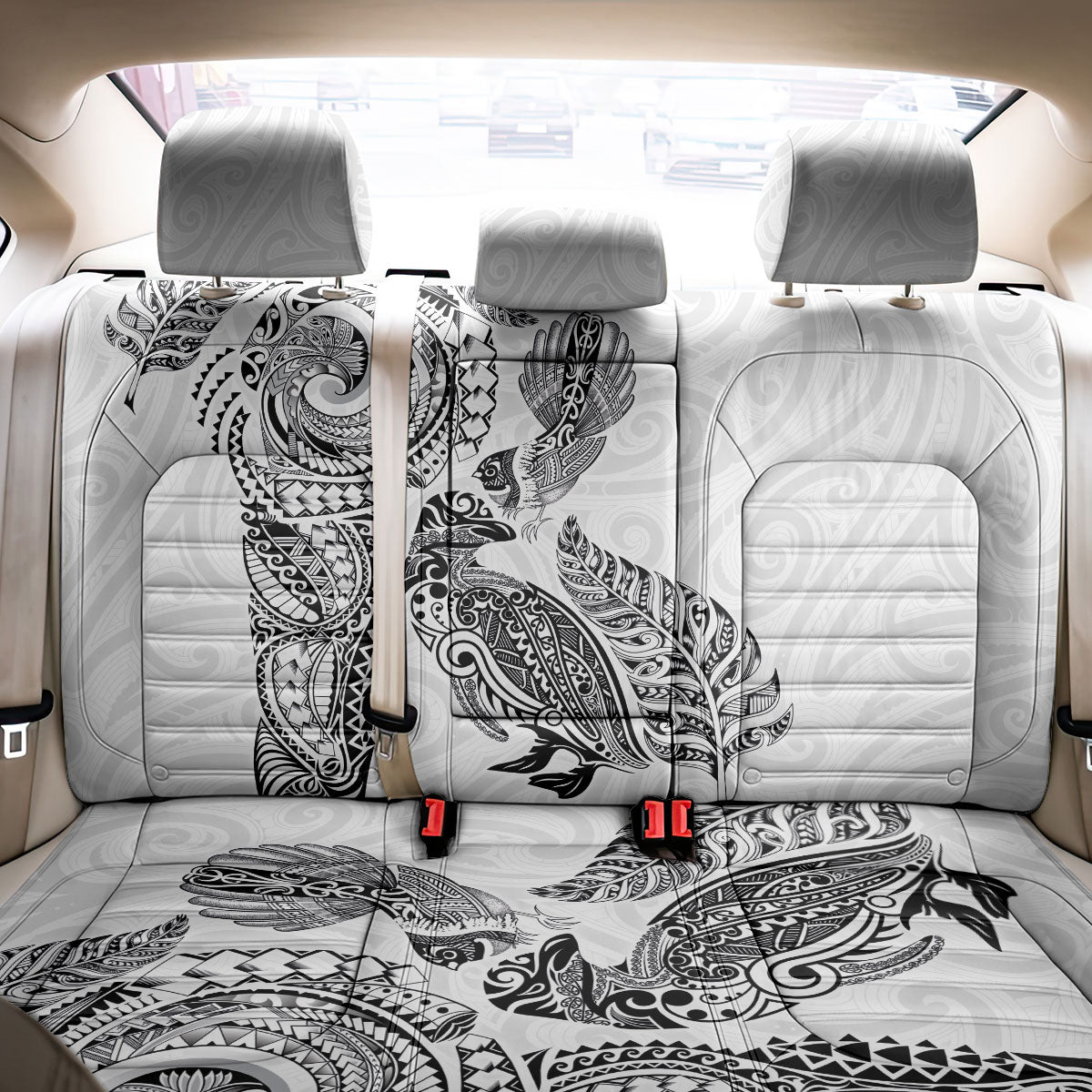 Aotearoa Moko Tribal Tattoo Back Car Seat Cover New Zealand Maori Penguin and Fantail White Color LT03 - Polynesian Pride