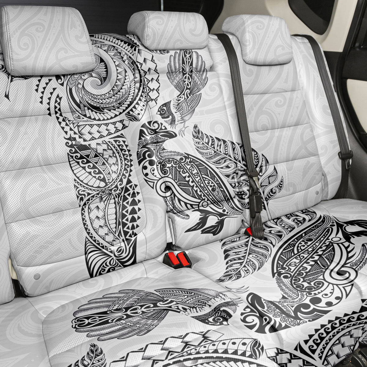 Aotearoa Moko Tribal Tattoo Back Car Seat Cover New Zealand Maori Penguin and Fantail White Color LT03 - Polynesian Pride