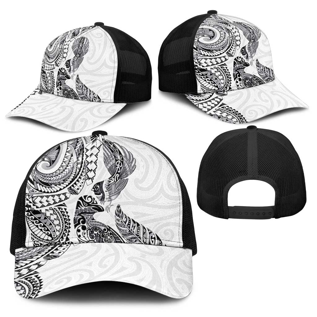 Aotearoa Moko Tribal Tattoo Baseball Net Cap New Zealand Maori Penguin and Fantail White Color LT03 - Polynesian Pride