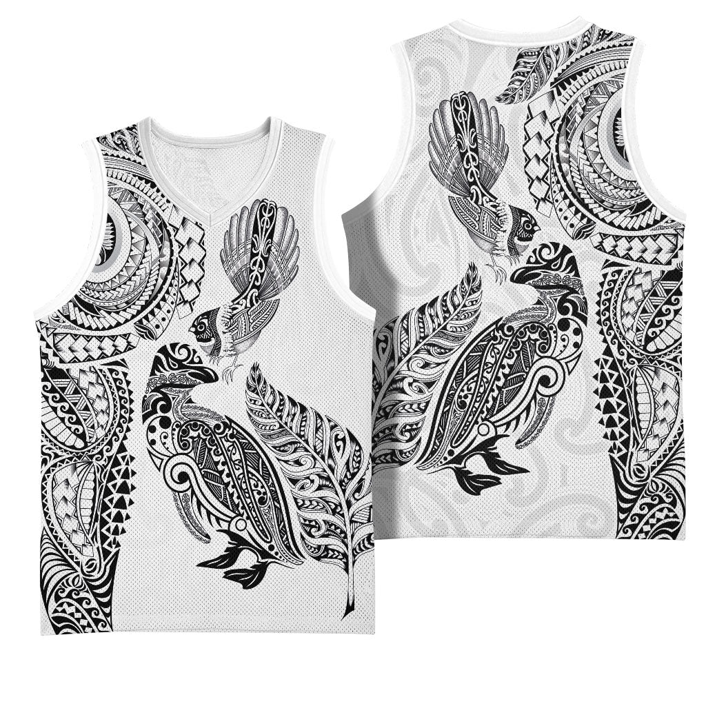 Aotearoa Moko Tribal Tattoo Basketball Jersey New Zealand Maori Penguin and Fantail White Color LT03 - Polynesian Pride