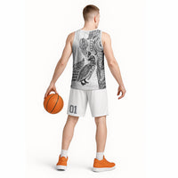 Aotearoa Moko Tribal Tattoo Basketball Jersey New Zealand Maori Penguin and Fantail White Color LT03 - Polynesian Pride