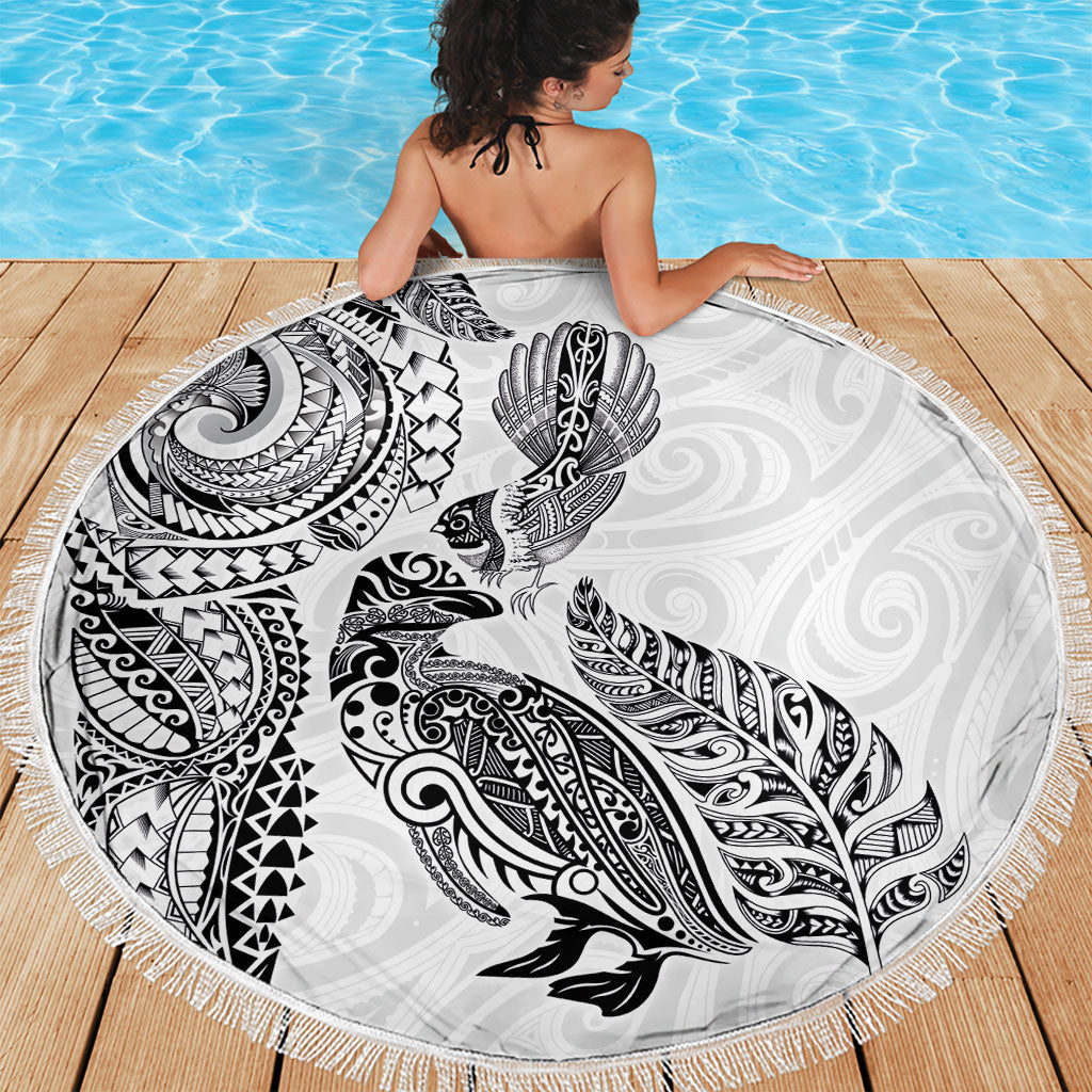 Aotearoa Moko Tribal Tattoo Beach Blanket New Zealand Maori Penguin and Fantail White Color LT03 - Polynesian Pride