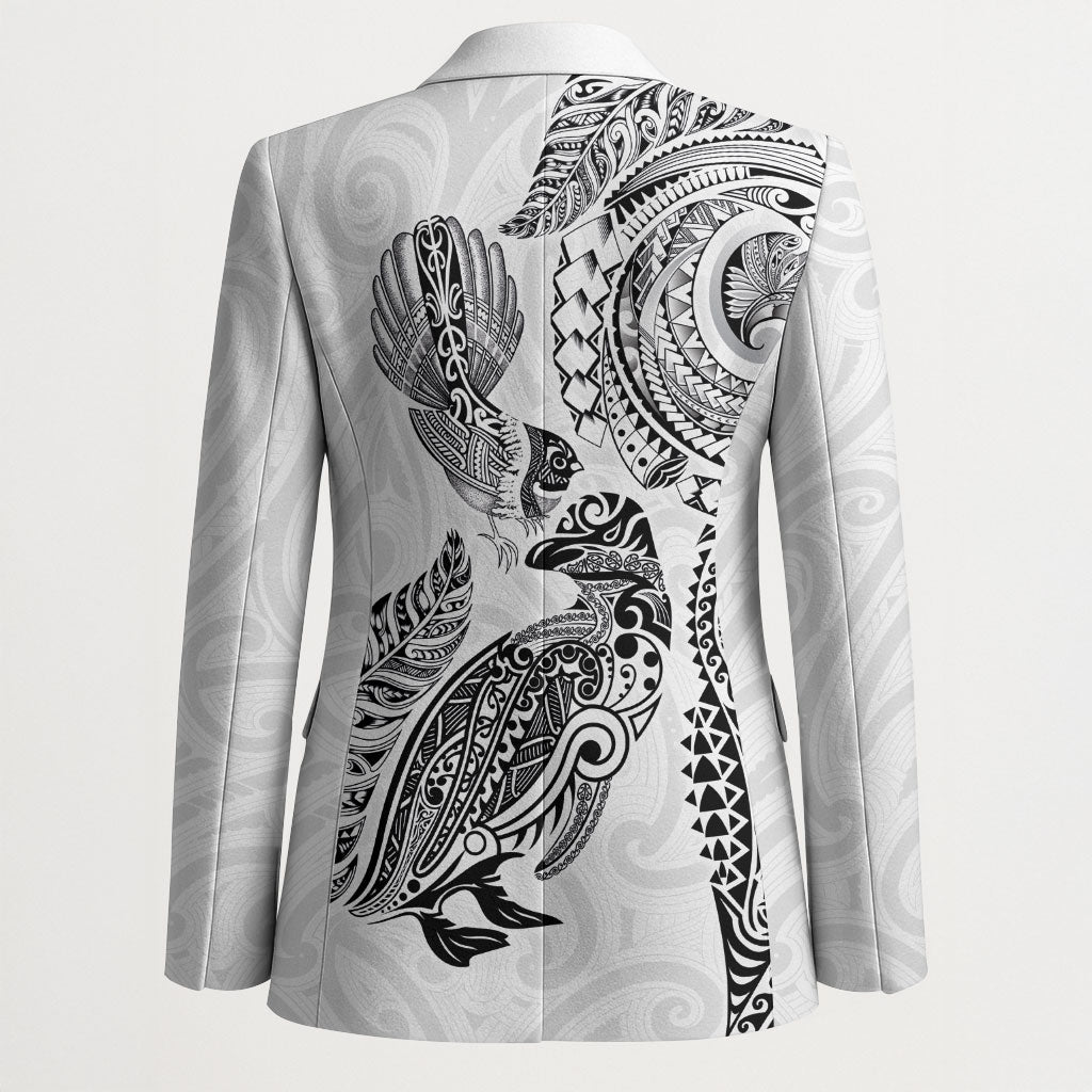 Aotearoa Moko Tribal Tattoo Blazer New Zealand Maori Penguin and Fantail White Color LT03 - Polynesian Pride