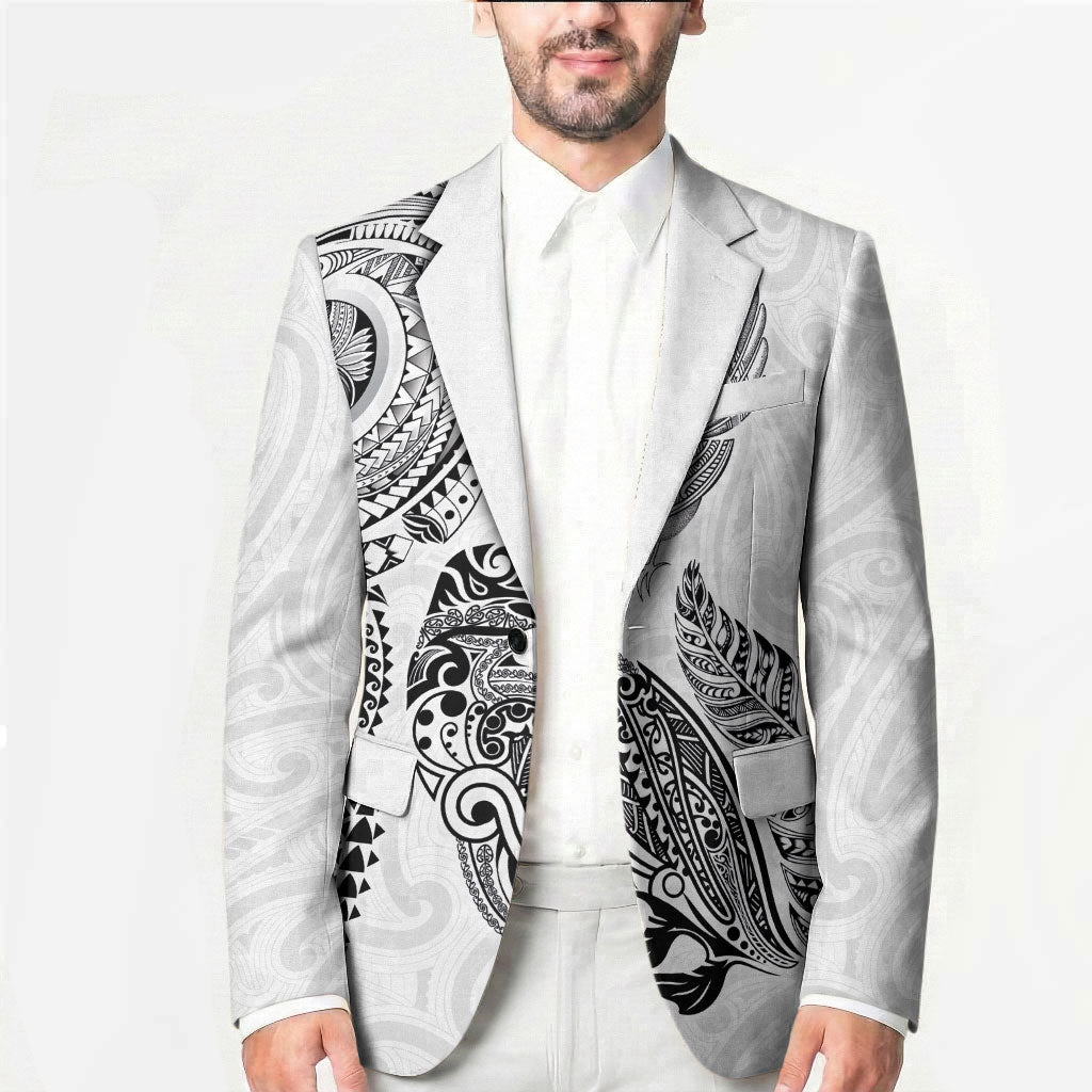 Aotearoa Moko Tribal Tattoo Blazer New Zealand Maori Penguin and Fantail White Color LT03 - Polynesian Pride
