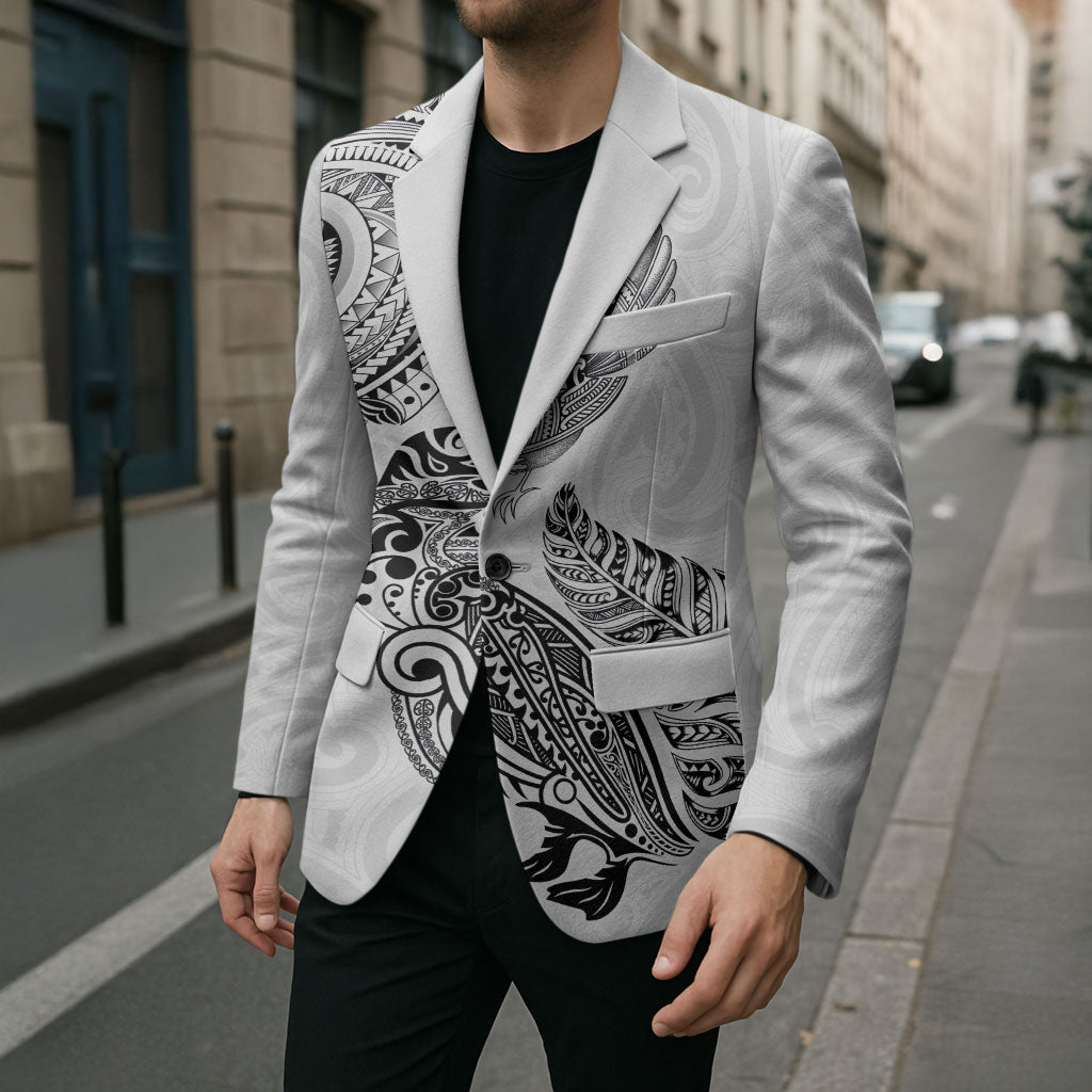 Aotearoa Moko Tribal Tattoo Blazer New Zealand Maori Penguin and Fantail White Color LT03 - Polynesian Pride