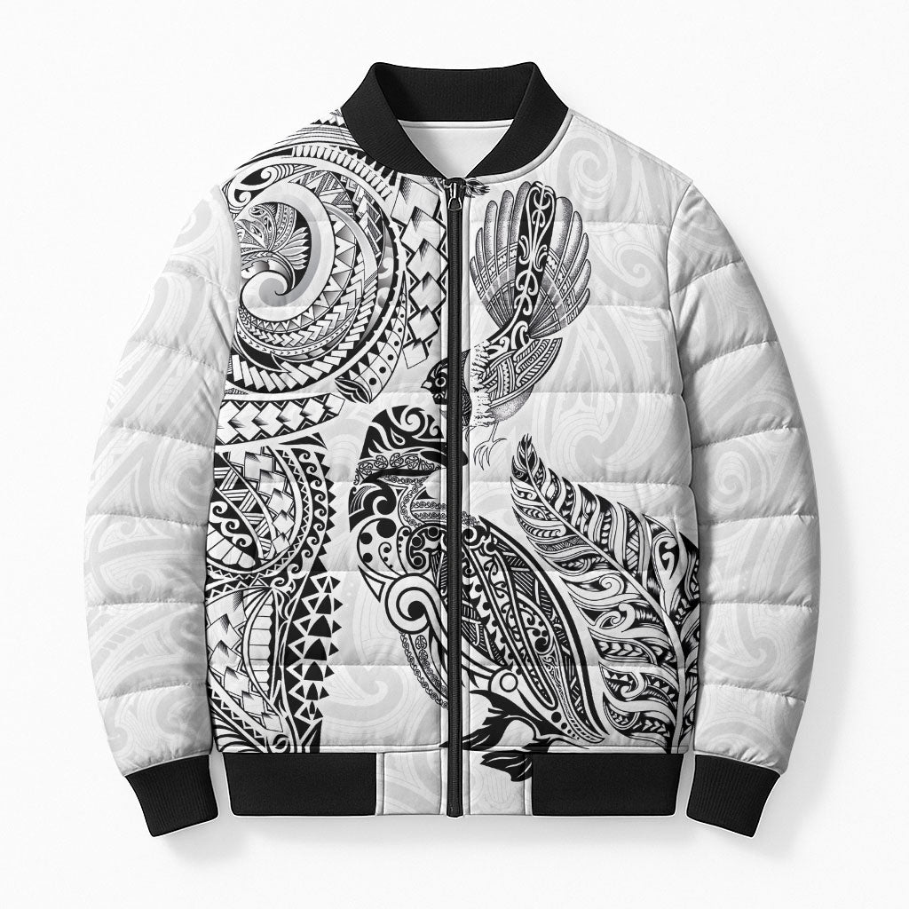 Aotearoa Moko Tribal Tattoo Bomber Puffer Jacket New Zealand Maori Penguin and Fantail White Color