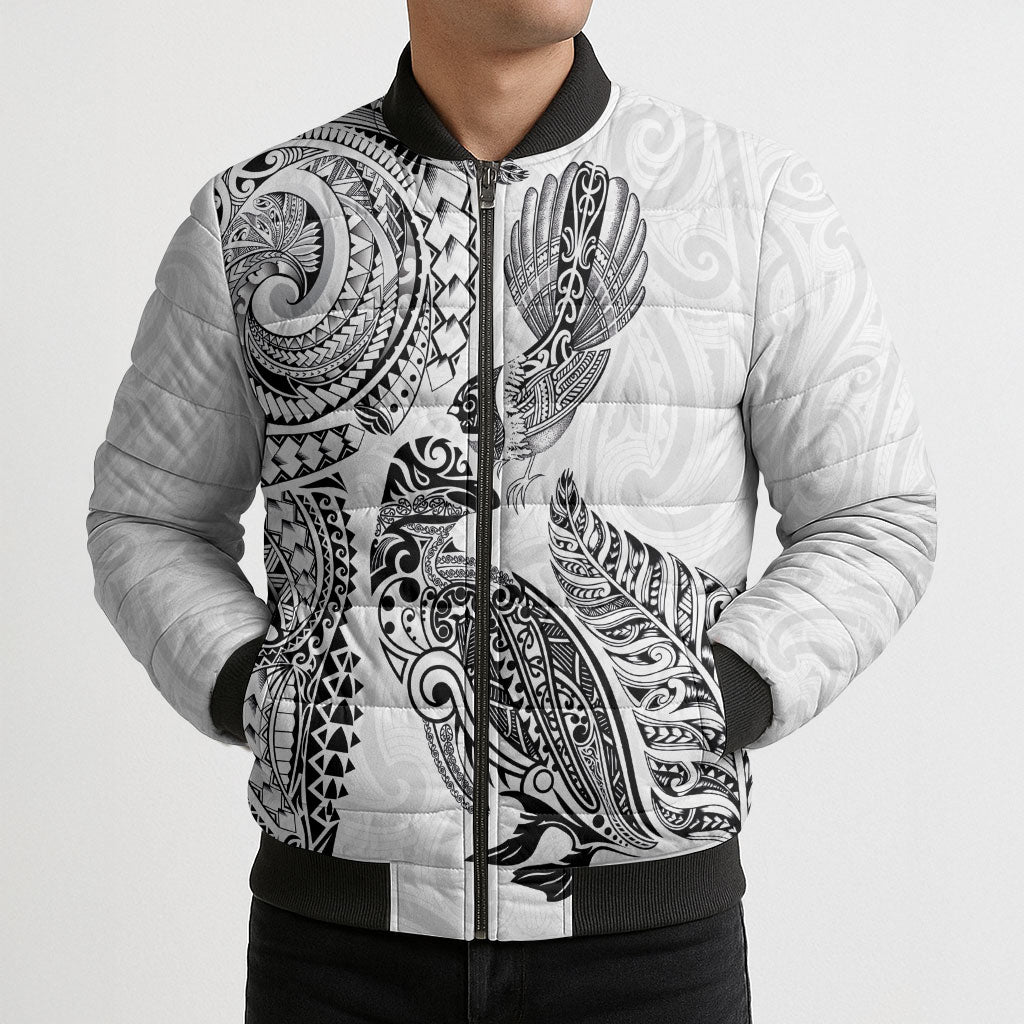Aotearoa Moko Tribal Tattoo Bomber Puffer Jacket New Zealand Maori Penguin and Fantail White Color LT03 - Polynesian Pride