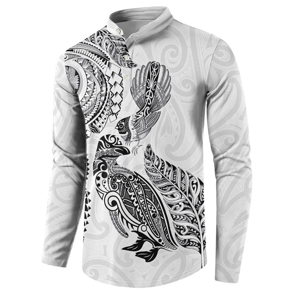 Aotearoa Moko Tribal Tattoo Button Sweatshirt New Zealand Maori Penguin and Fantail White Color