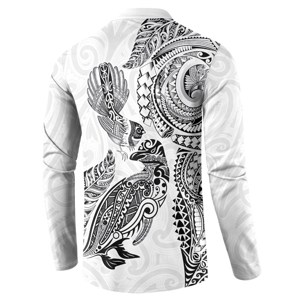 Aotearoa Moko Tribal Tattoo Button Sweatshirt New Zealand Maori Penguin and Fantail White Color