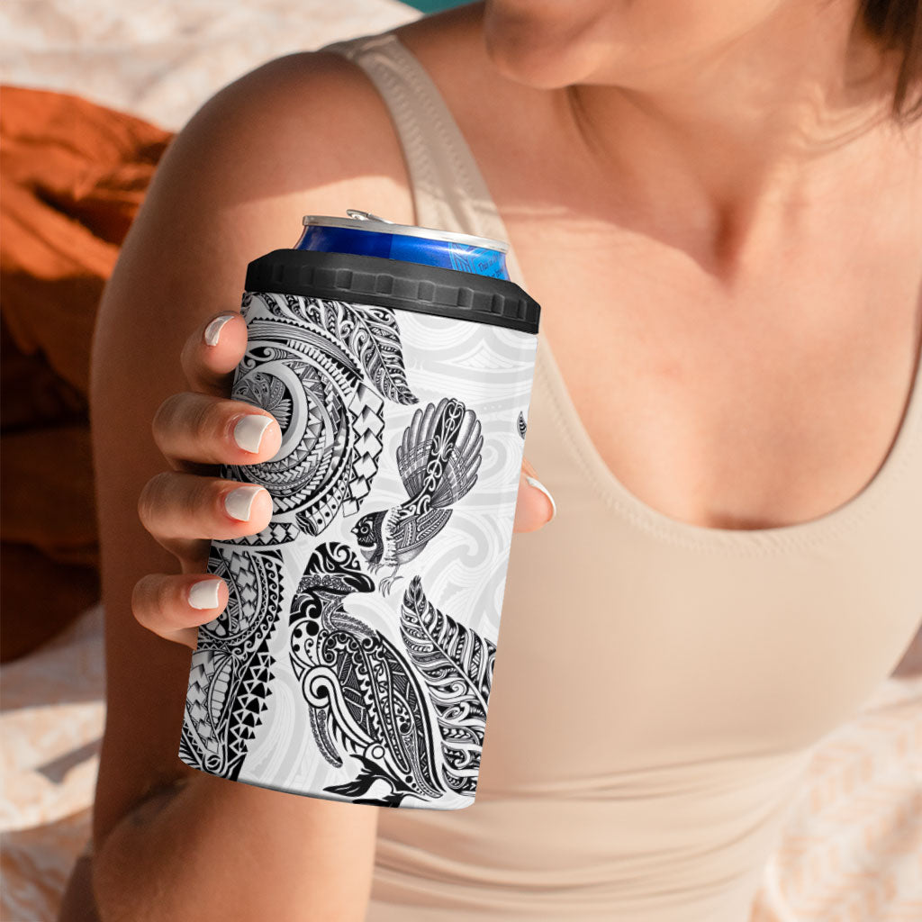 Aotearoa Moko Tribal Tattoo 4 in 1 Can Cooler Tumbler New Zealand Maori Penguin and Fantail White Color LT03 - Polynesian Pride