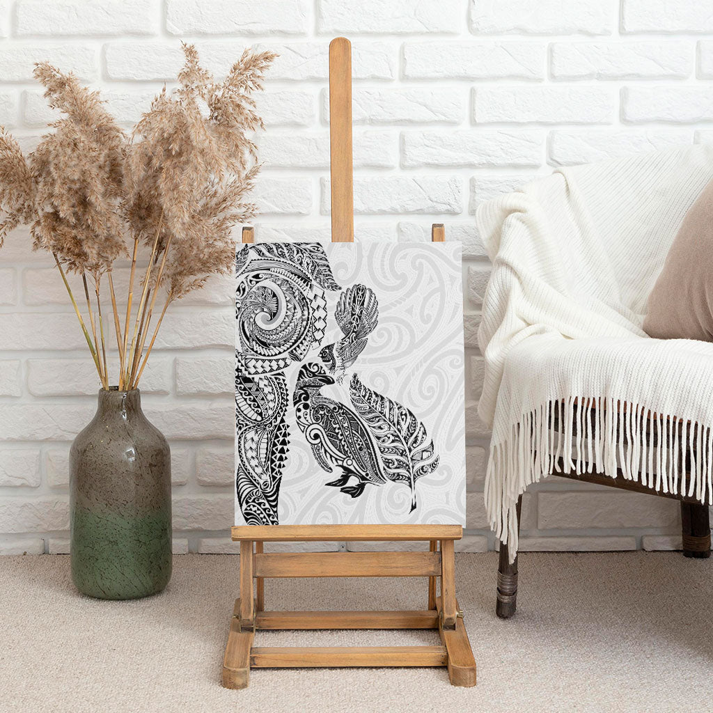 Aotearoa Moko Tribal Tattoo Canvas Wall Art New Zealand Maori Penguin and Fantail White Color LT03 - Polynesian Pride