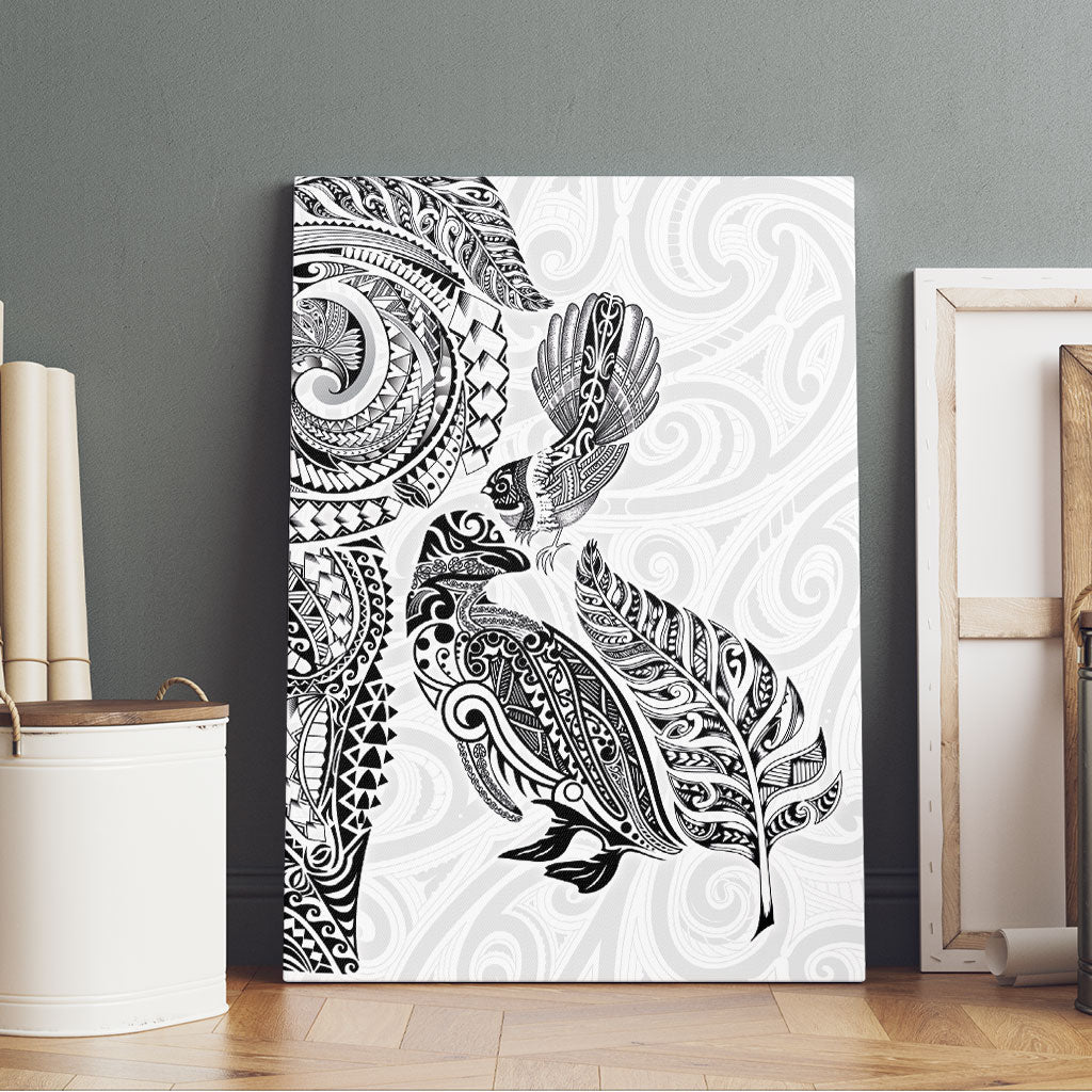 Aotearoa Moko Tribal Tattoo Canvas Wall Art New Zealand Maori Penguin and Fantail White Color LT03 - Polynesian Pride