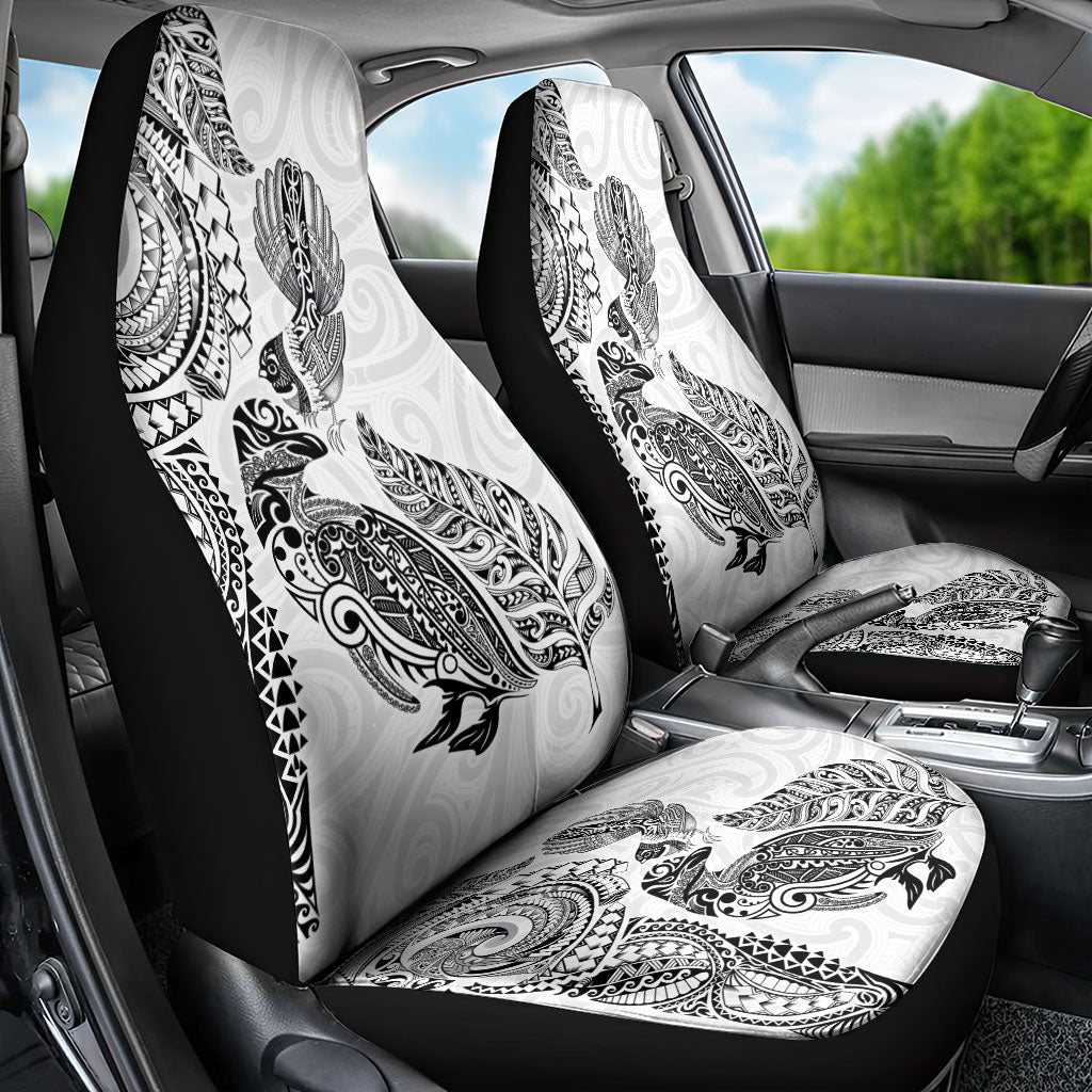 Aotearoa Moko Tribal Tattoo Car Seat Cover New Zealand Maori Penguin and Fantail White Color LT03 - Polynesian Pride