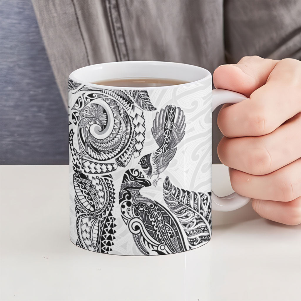 Aotearoa Moko Tribal Tattoo Ceramic Mug New Zealand Maori Penguin and Fantail White Color LT03 - Polynesian Pride