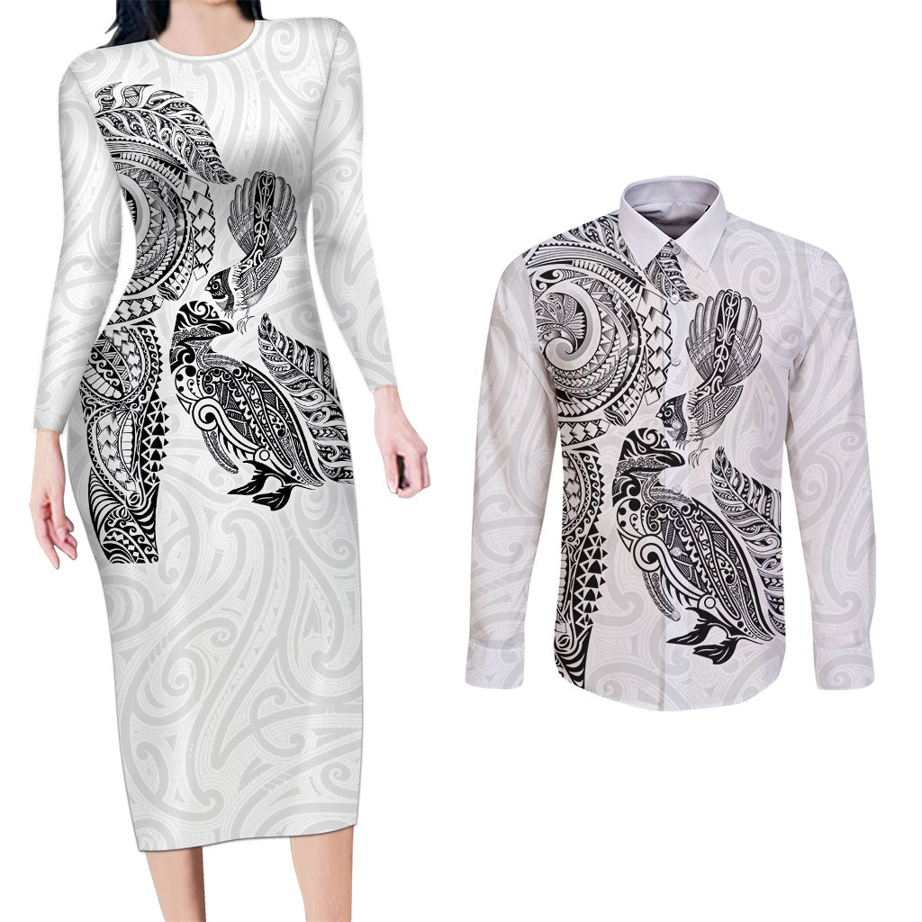 Aotearoa Moko Tribal Tattoo Couples Matching Long Sleeve Bodycon Dress and Long Sleeve Button Shirt New Zealand Maori Penguin and Fantail White Color LT03 White - Polynesian Pride