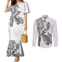 Aotearoa Moko Tribal Tattoo Couples Matching Mermaid Dress and Long Sleeve Button Shirt New Zealand Maori Penguin and Fantail White Color LT03 White - Polynesian Pride