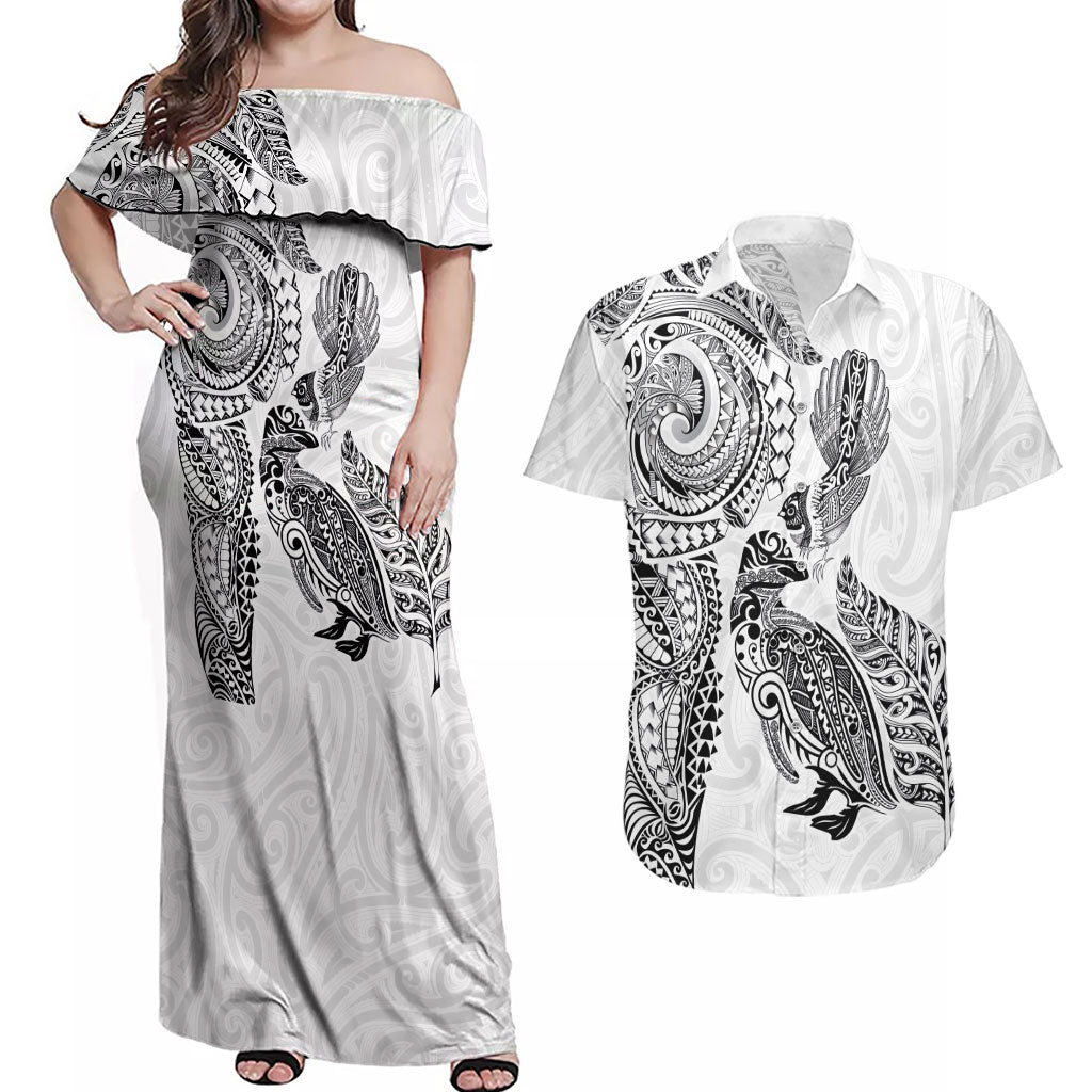 Aotearoa Moko Tribal Tattoo Couples Matching Off Shoulder Maxi Dress and Hawaiian Shirt New Zealand Maori Penguin and Fantail White Color LT03 White - Polynesian Pride