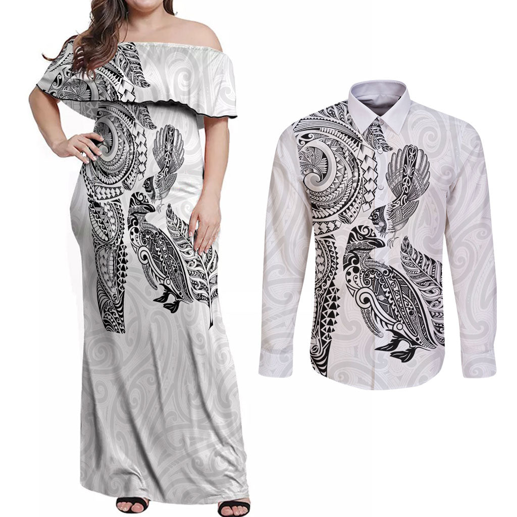 Aotearoa Moko Tribal Tattoo Couples Matching Off Shoulder Maxi Dress and Long Sleeve Button Shirt New Zealand Maori Penguin and Fantail White Color