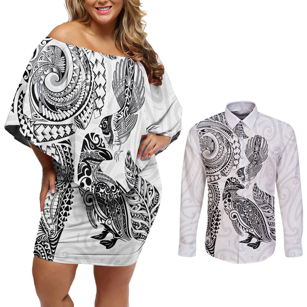 Aotearoa Moko Tribal Tattoo Couples Matching Off Shoulder Short Dress and Long Sleeve Button Shirt New Zealand Maori Penguin and Fantail White Color