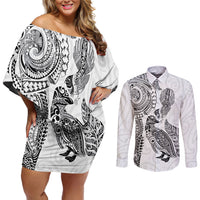 Aotearoa Moko Tribal Tattoo Couples Matching Off Shoulder Short Dress and Long Sleeve Button Shirt New Zealand Maori Penguin and Fantail White Color LT03 White - Polynesian Pride