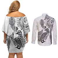 Aotearoa Moko Tribal Tattoo Couples Matching Off Shoulder Short Dress and Long Sleeve Button Shirt New Zealand Maori Penguin and Fantail White Color LT03 - Polynesian Pride